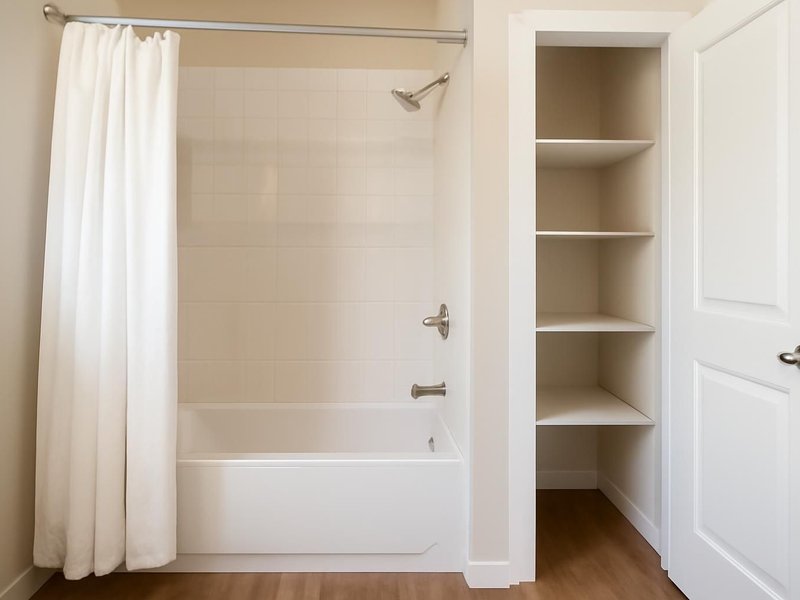 AI concept: Existing condition: tub with a curtain beside a cramped linen closet