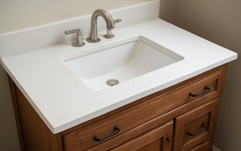 AI concept: Wood vanity with a quartz top and undermount sink