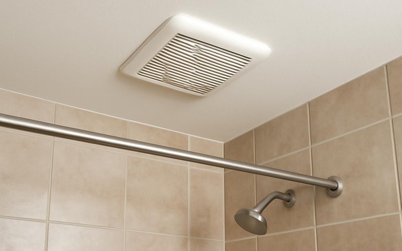 AI concept: Ceiling exhaust fan above a tiled shower