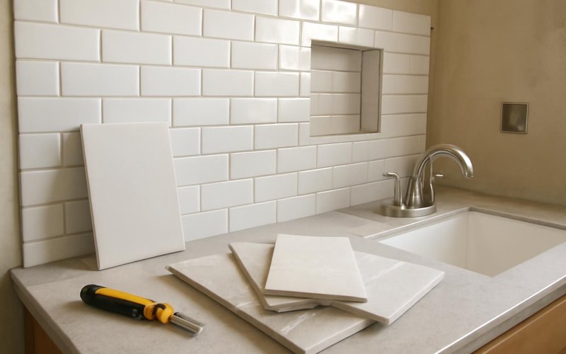 AI concept: Supervisor and homeowner choosing bathroom tile samples