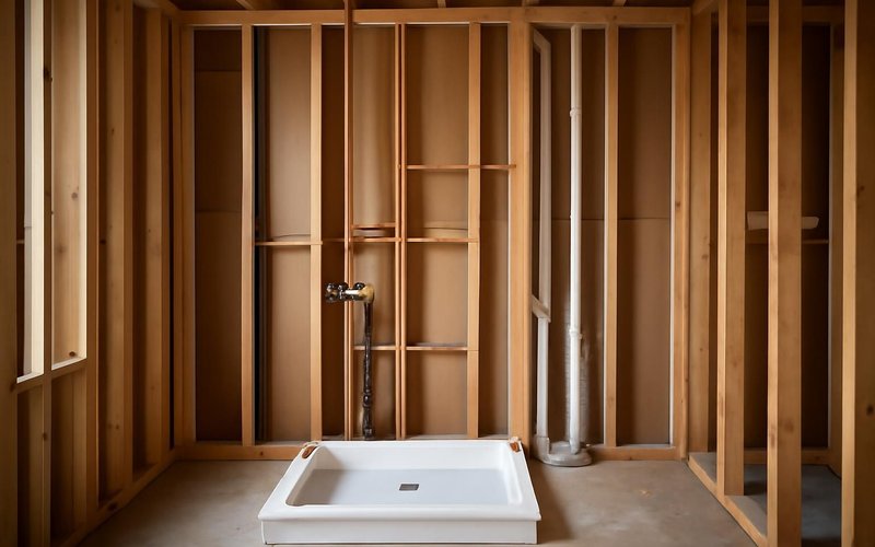 AI concept: Bathroom stripped to the studs with new plumbing lines