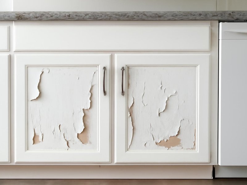 AI concept: Existing condition: peeling white vinyl doors on a builder kitchen