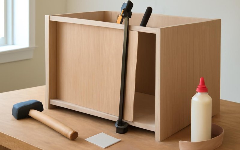AI concept: Installer pressing wood veneer onto a cabinet frame