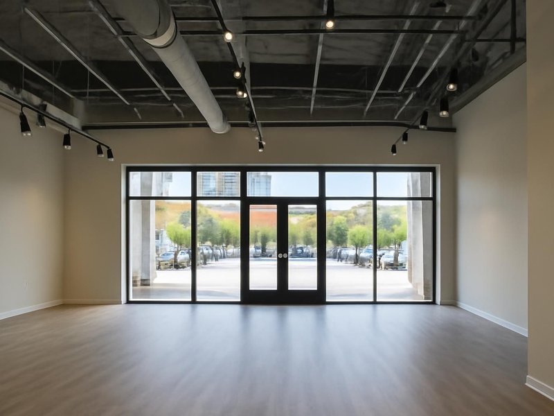 AI concept: Remodeled idea: open retail floor with exposed ceiling, track lights and new storefront