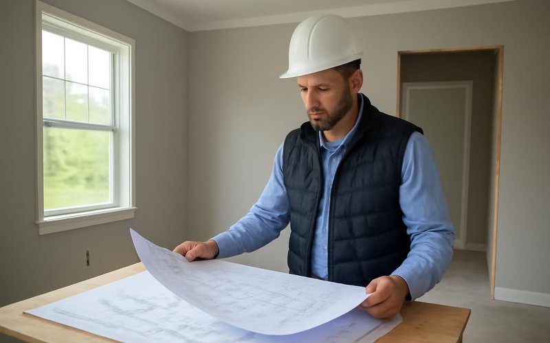 AI concept: Project manager reviewing commercial drawings