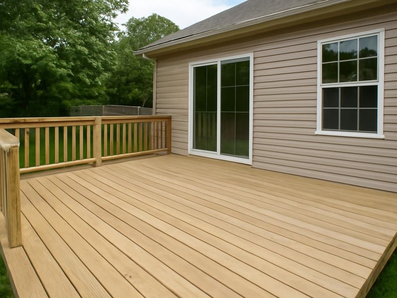 AI concept: A finished composite deck attached to an American house with straight aligned boards and secure railings