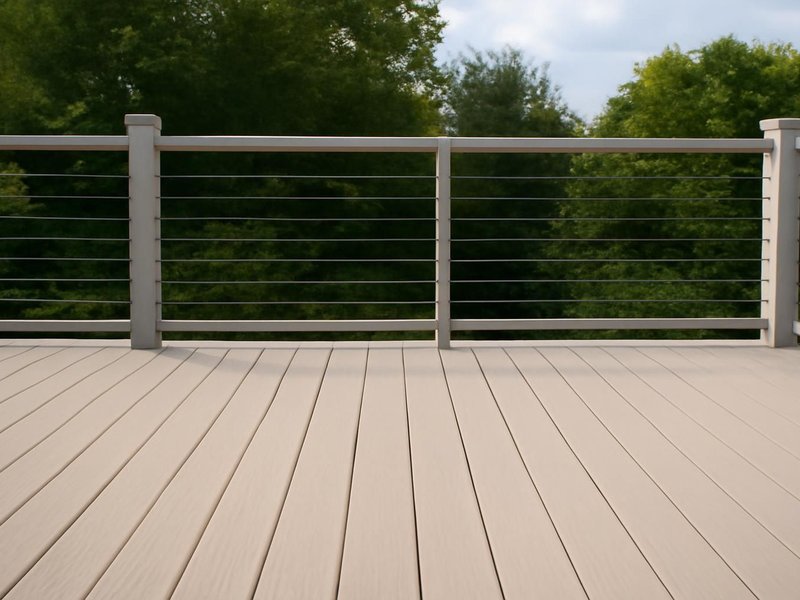 AI concept: Remodeled idea: light PVC pool deck with a cable railing on the far side