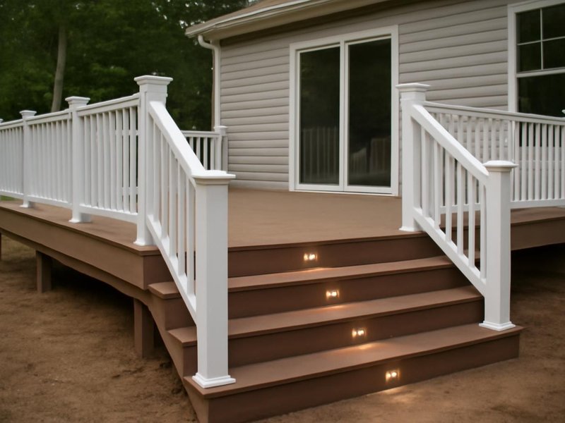 AI concept: Remodeled idea: raised composite deck with white rails and lit stairs