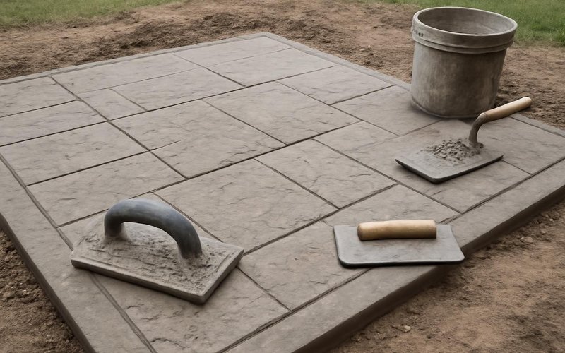AI concept: Concrete crew stamping a fresh patio slab