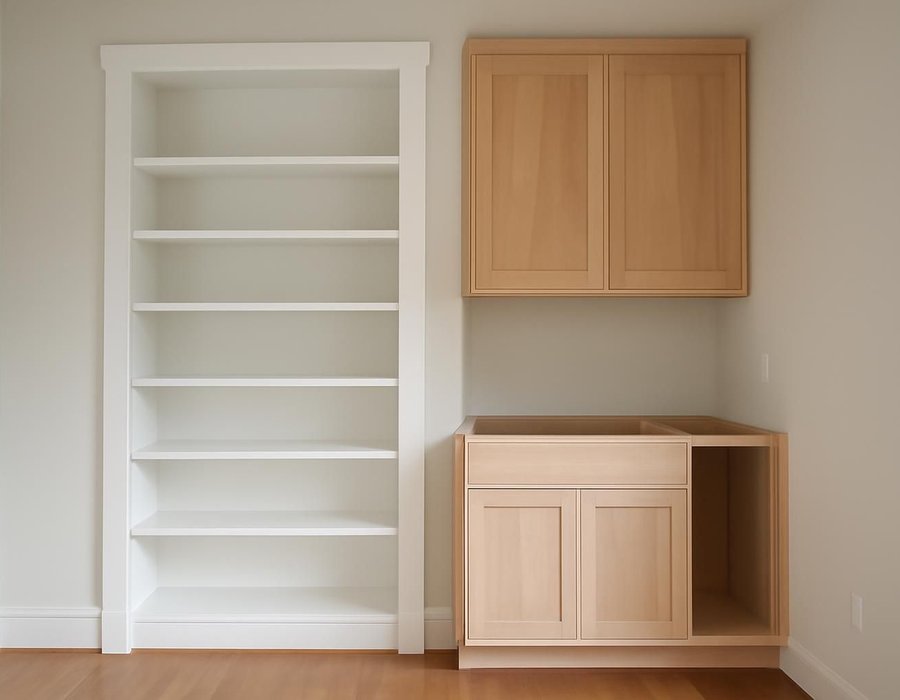 AI concept: Built-in bookcase assembled on site next to a shop-built cabinet being installed