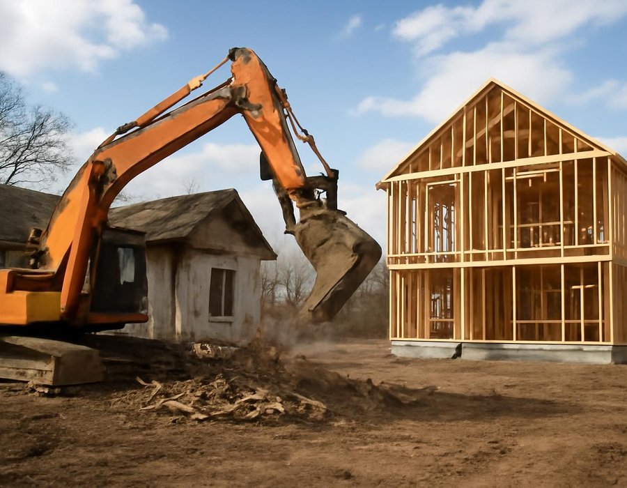 AI concept: Excavator clearing an old house on the left, the lot with a new custom home framed on the right