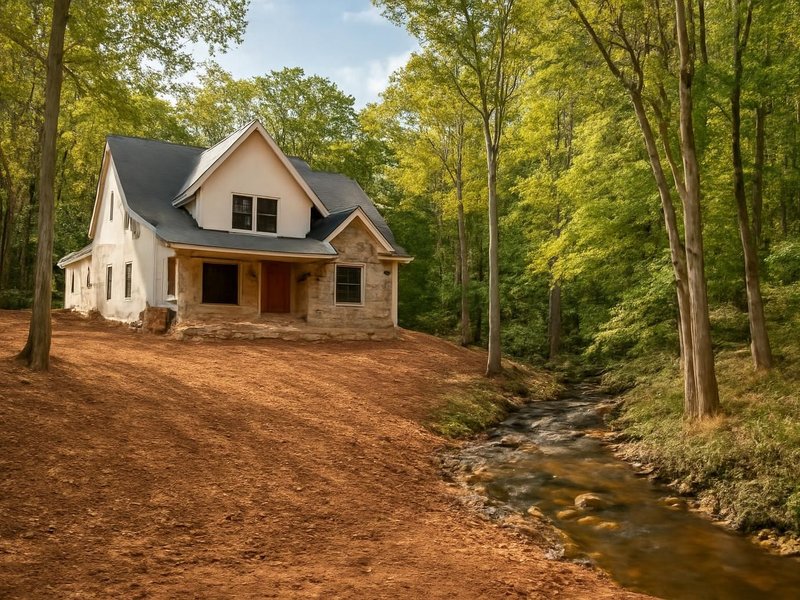 AI concept: Existing condition: wooded vacant lot sloping toward a creek