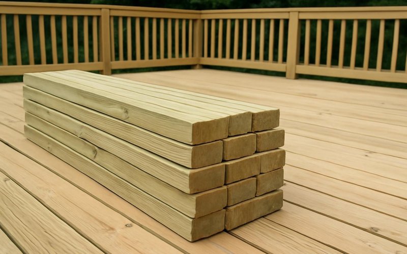 AI concept: Stack of pressure-treated framing lumber on a deck site