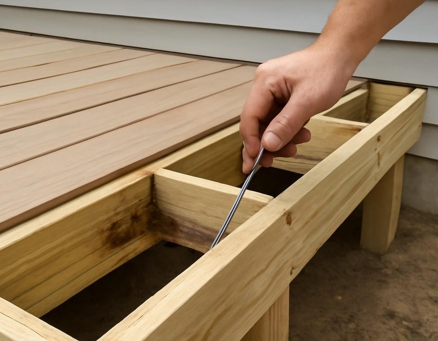 AI concept: Inspector probing a deck joist with an awl next to a rebuilt deck frame