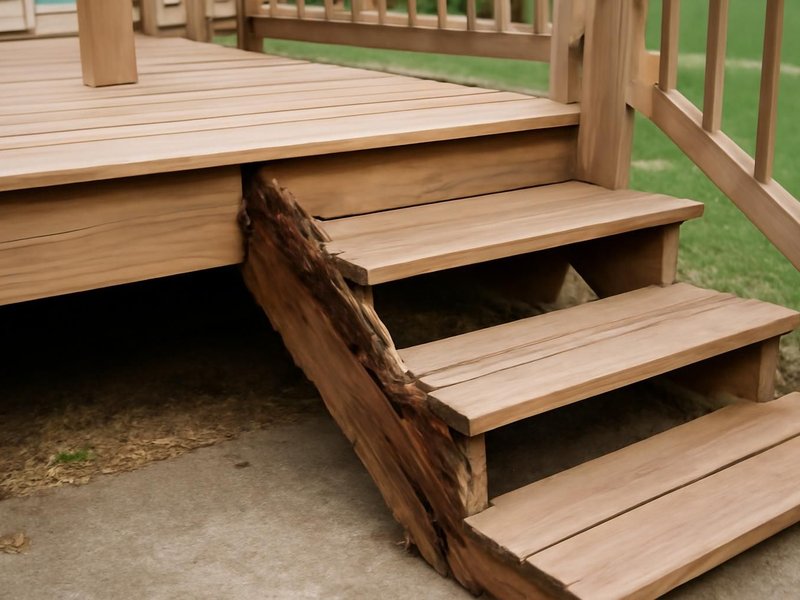 AI concept: Existing condition: rotted stair stringers pulling away from the deck