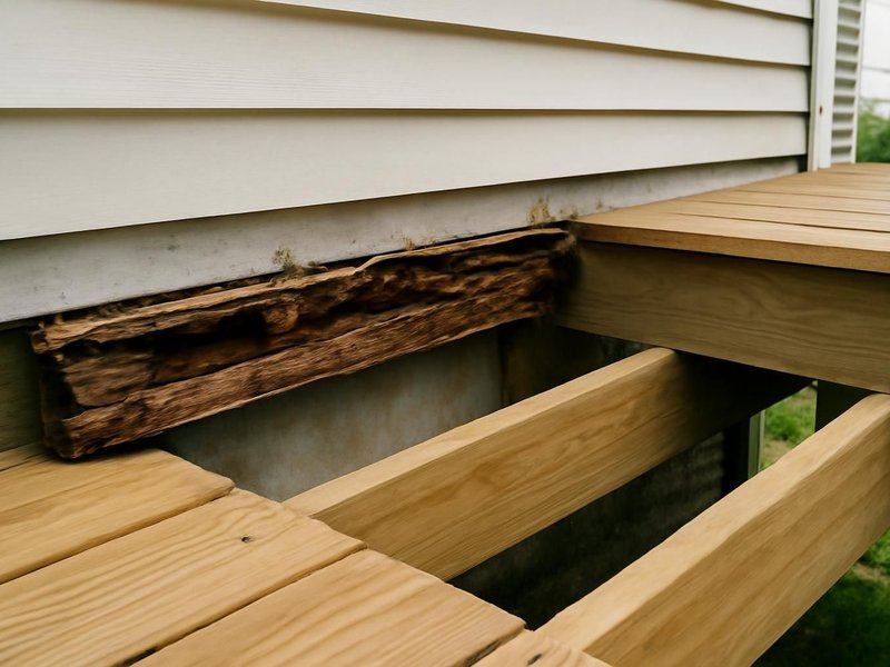 AI concept: Existing condition: deck ledger with no flashing and a dark rotted rim joist