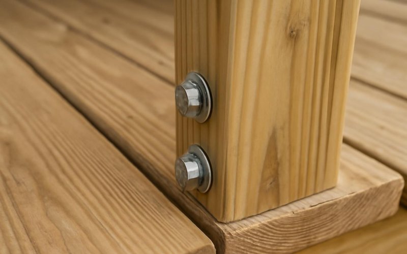 AI concept: Galvanized through-bolts fastening a deck railing post