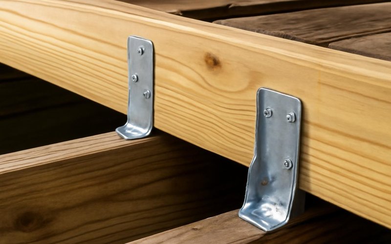 AI concept: Joist hanger and lateral load bracket on a repaired deck
