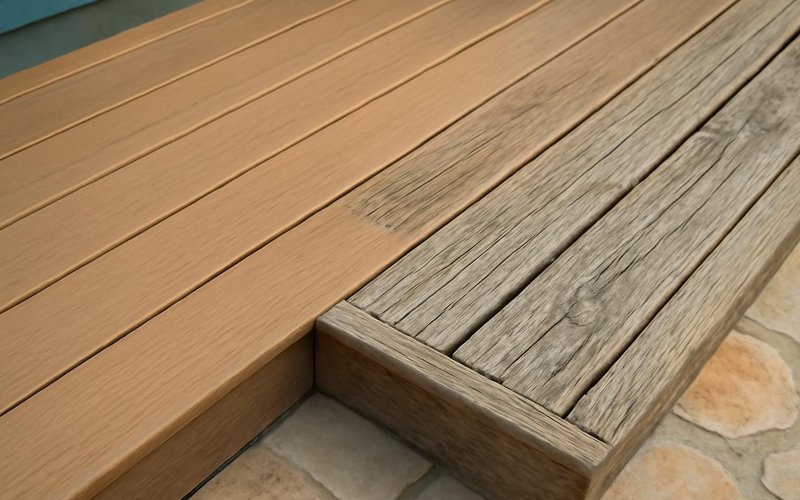 AI concept: New composite boards next to weathered boards on a deck