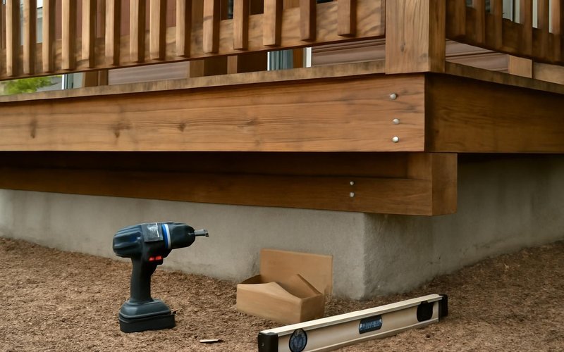 AI concept: Deck supervisor inspecting a ledger board from under a deck