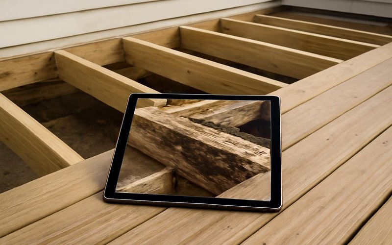 AI concept: Photo report of rotted deck joists on a tablet