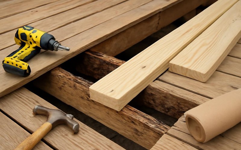 AI concept: Carpenter sistering a new joist beside a rotted one