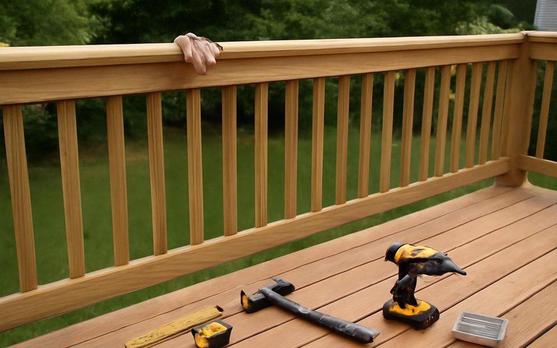 AI concept: Carpenter testing a repaired deck railing by pushing on it