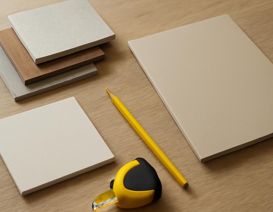 AI concept: A natural close photograph of a remodeling planning worktable for design build services with appropriate unmarked material samples, pencil, tape measure and a completely blank closed folder. No drawings or paper with markings