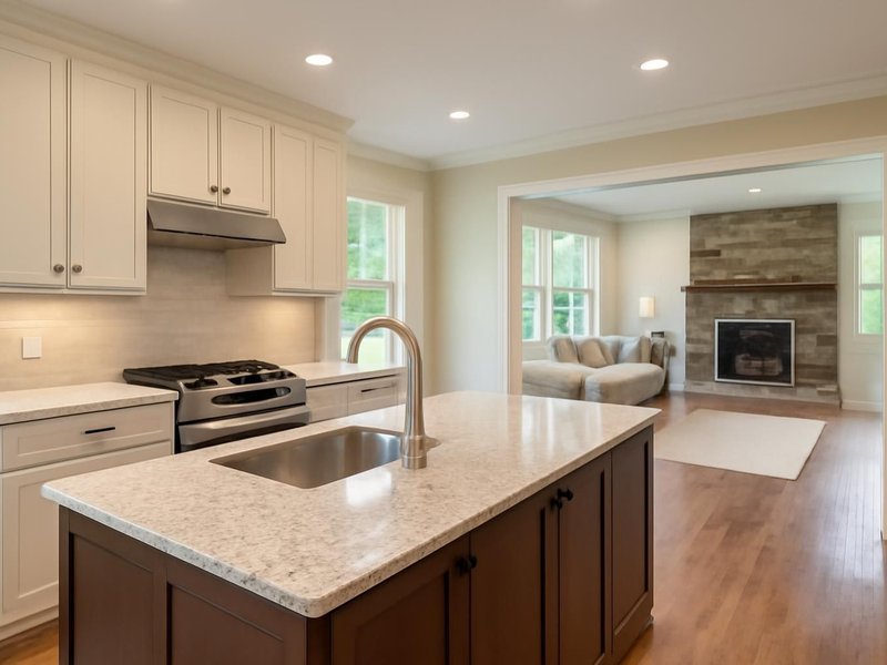 AI concept: Remodeled idea: redesigned kitchen and family room built with the sink kept in place