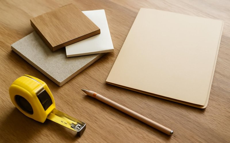 AI concept: A natural close photograph of a remodeling planning worktable for design build services with appropriate unmarked material samples, pencil, tape measure and a completely blank closed folder. No drawings or paper with markings