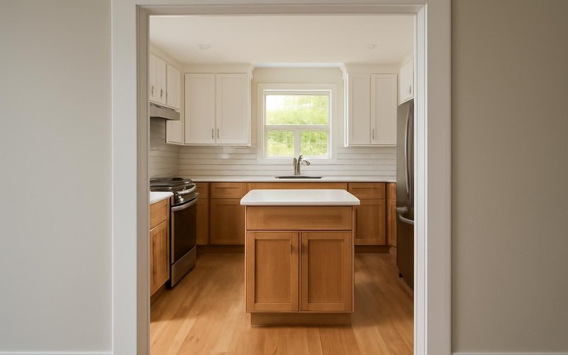 AI concept: 3D rendering of a remodeled kitchen from the doorway