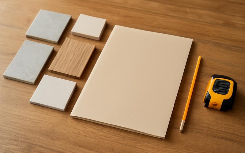AI concept: A natural close photograph of a remodeling planning worktable for design build services with appropriate unmarked material samples, pencil, tape measure and a completely blank closed folder. No drawings or paper with markings