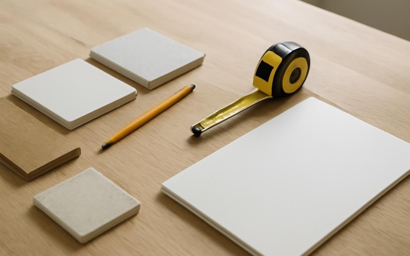 AI concept: A natural close photograph of a remodeling planning worktable for design build services with appropriate unmarked material samples, pencil, tape measure and a completely blank closed folder. No drawings or paper with markings
