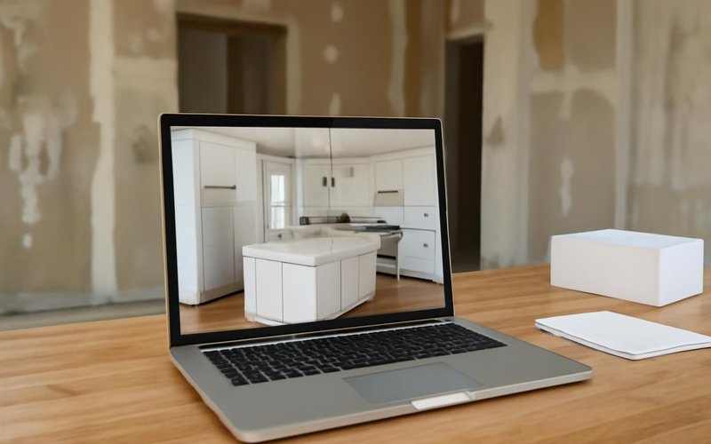 AI concept: 3D rendering of a kitchen reviewed on a laptop