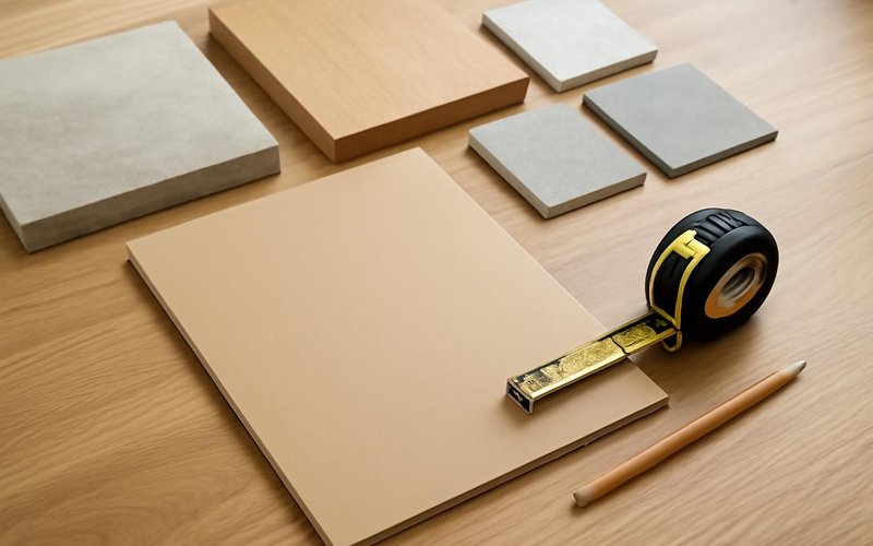AI concept: A natural close photograph of a remodeling planning worktable for design build services with appropriate unmarked material samples, pencil, tape measure and a completely blank closed folder. No drawings or paper with markings