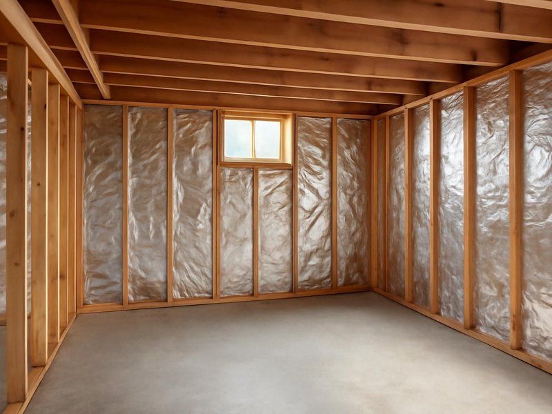 AI concept: Existing condition: basement with bare studs and foil-faced insulation