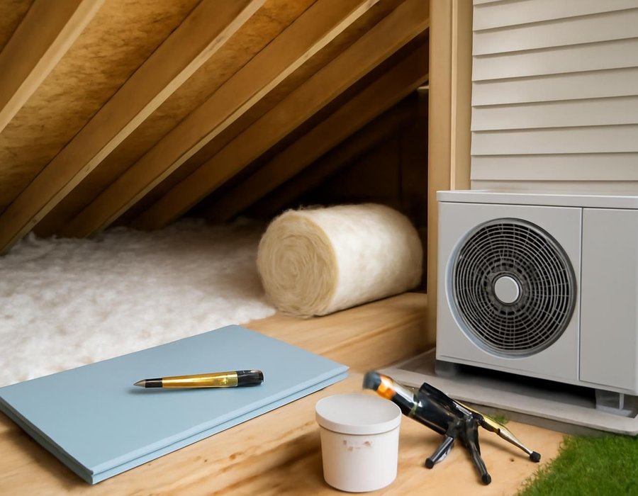 AI concept: Technician sealing an attic next to a new heat pump outdoor unit