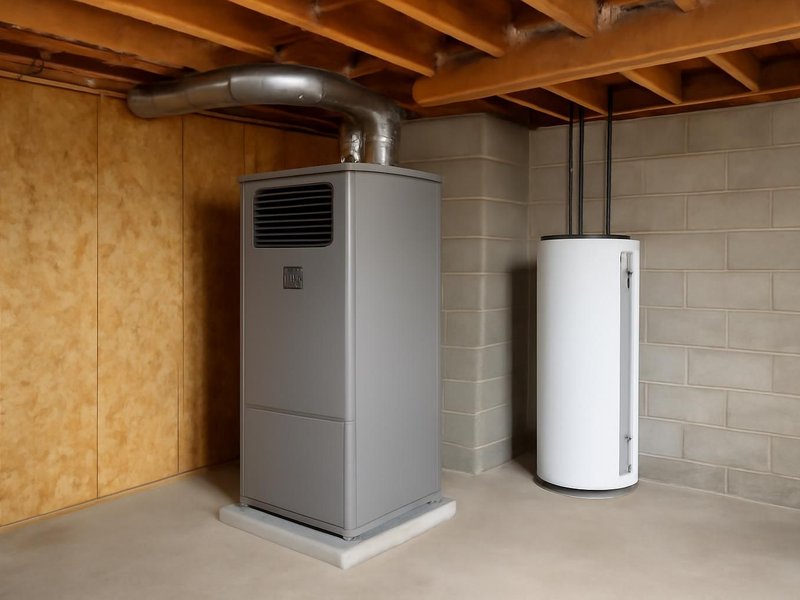 AI concept: Remodeled idea: basement with a heat pump air handler and the tank removed