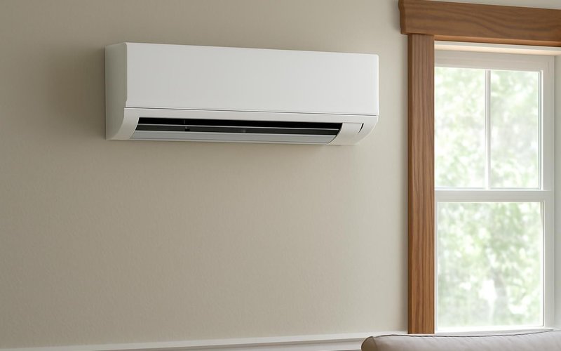 AI concept: Ductless heat pump head on a living room wall