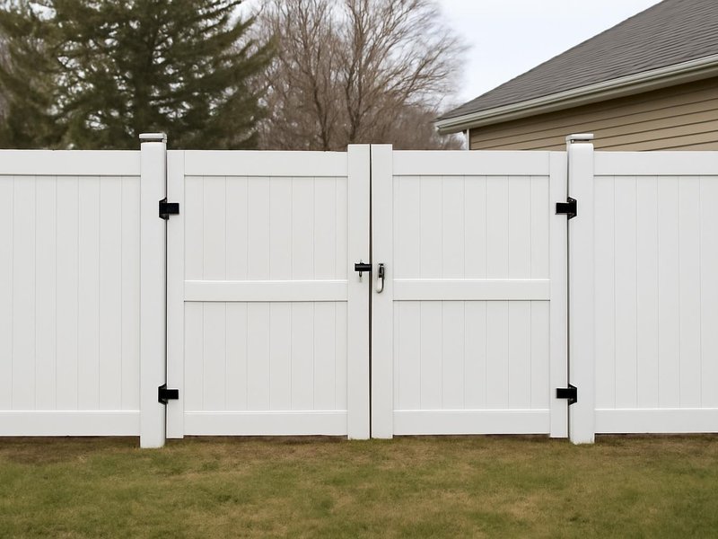 AI concept: Remodeled idea: white vinyl privacy fence with a double drive gate