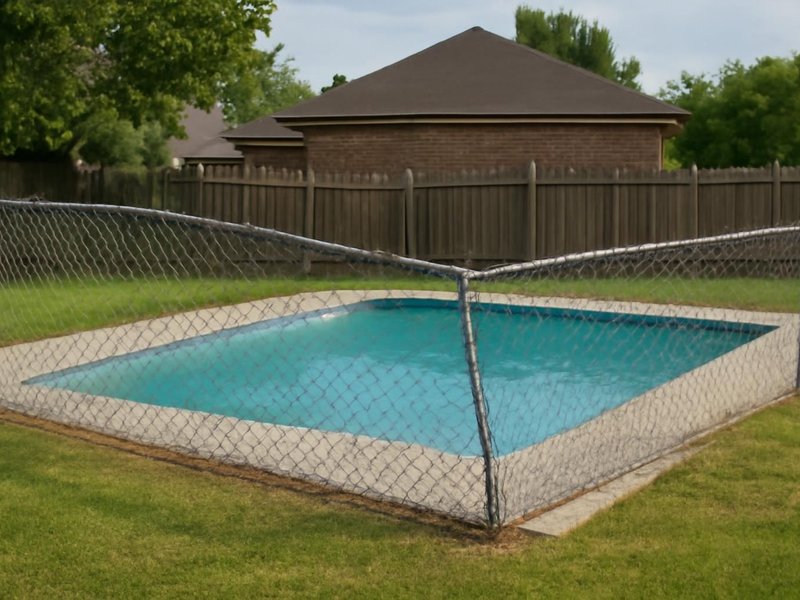 AI concept: Existing condition: in-ground pool with a sagging chain link fence