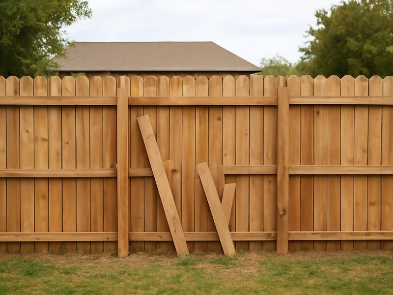 AI concept: Existing condition: leaning wood fence with broken pickets