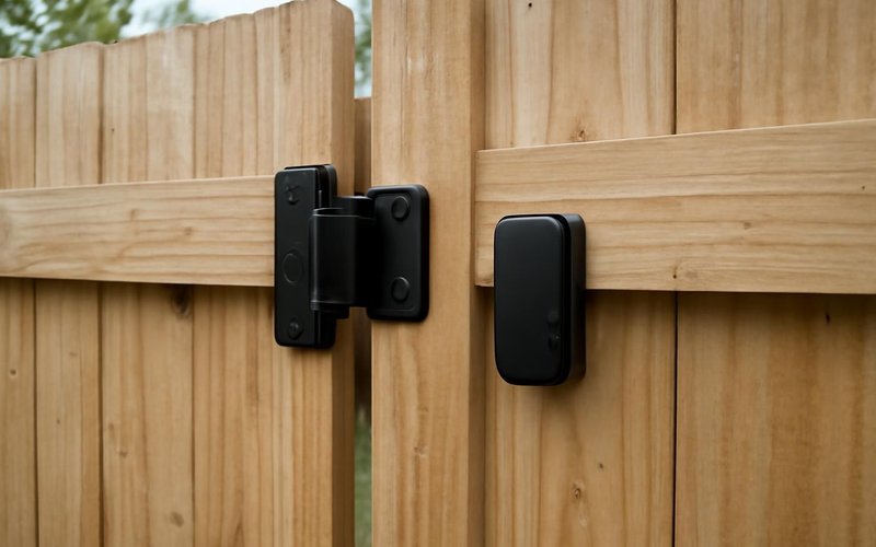AI concept: Self-closing hinge and magnetic pool latch on a gate