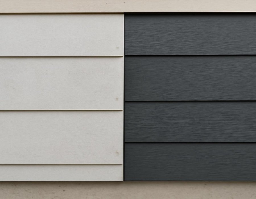 AI concept: Primed fiber cement board beside a factory-finished board in a dark color