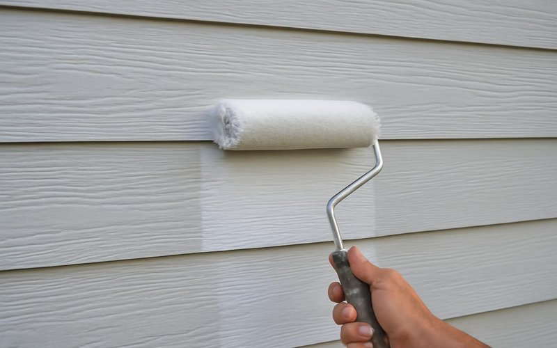 AI concept: Painter rolling acrylic paint on fiber cement siding