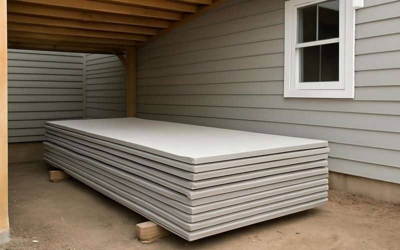 AI concept: Fiber cement boards stored flat under cover
