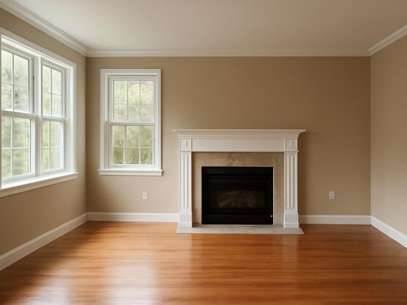 AI concept: Existing condition: living room with thin builder baseboard and no crown