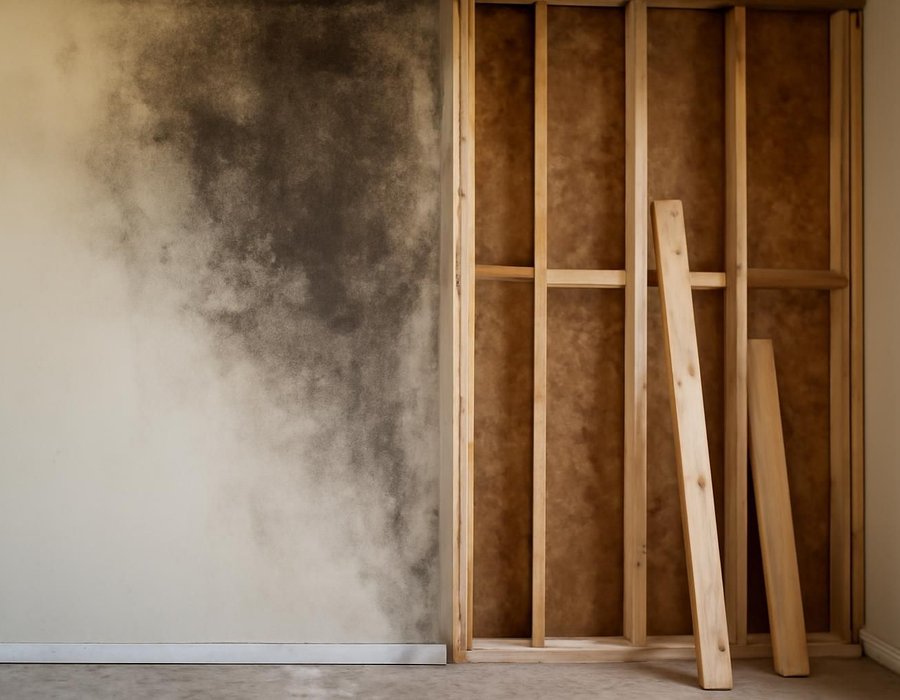 AI concept: Soot-stained wall being cleaned beside charred studs being replaced