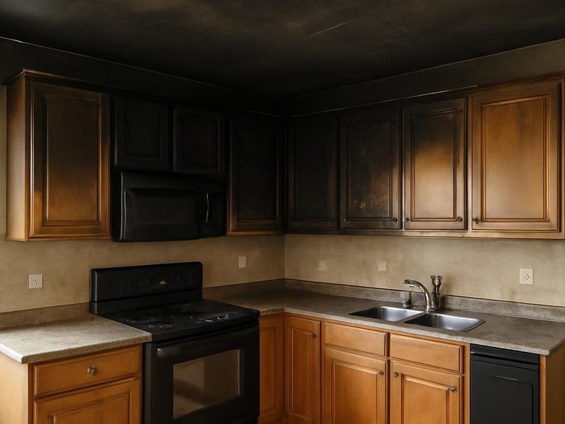 AI concept: Existing condition: kitchen with burned cabinets and a soot-black ceiling