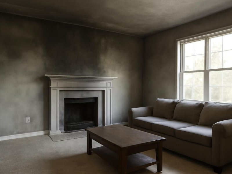 AI concept: Existing condition: living room stained gray by smoke from a dryer fire